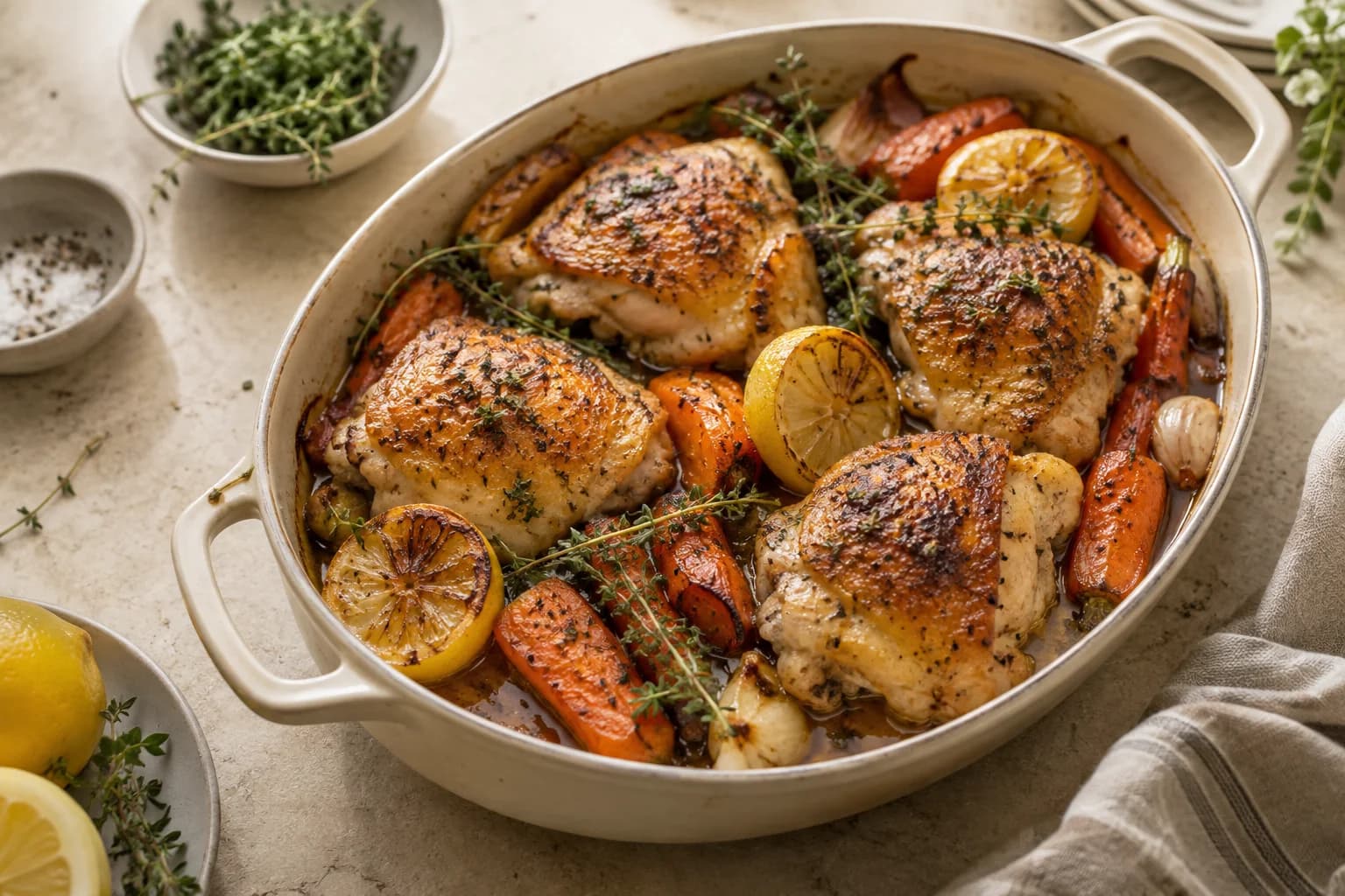 Golden lemon and thyme chicken with roasted carrots
